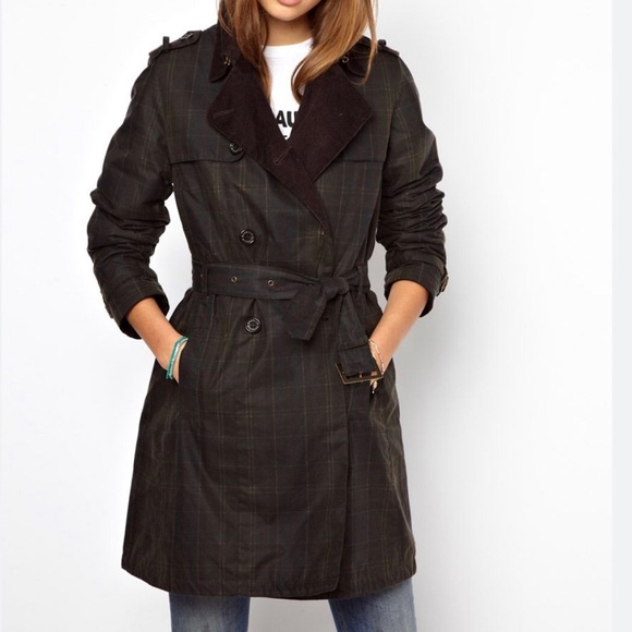 Barbour Classic Tartan Trench Coat Jacket 12 Canvas Belted Double Breasted